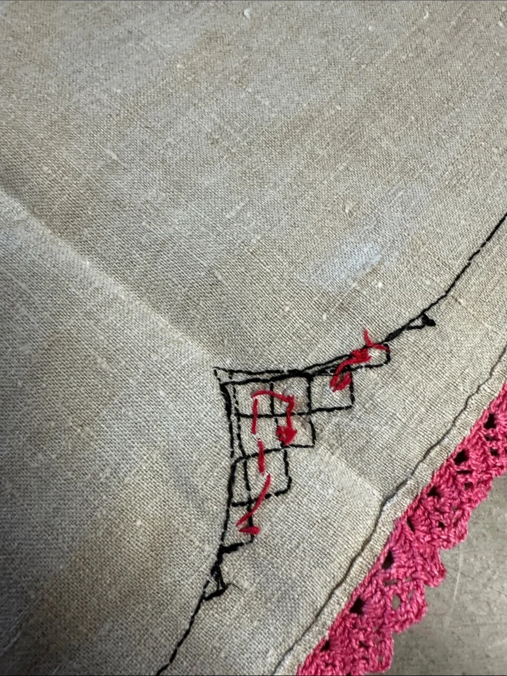 Vintage Hand-Embroidered Linen Floral Basket Table Runner - Pink Trim 38”